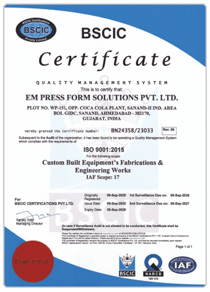 ISO 9001:2015 certificate issued to EM Press Form Solutions by BSCIC